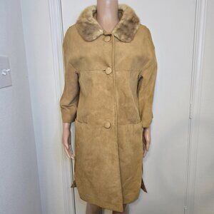 VTG Heavy Distress Romay Suede Leather Fur Coat Womens Sz 12